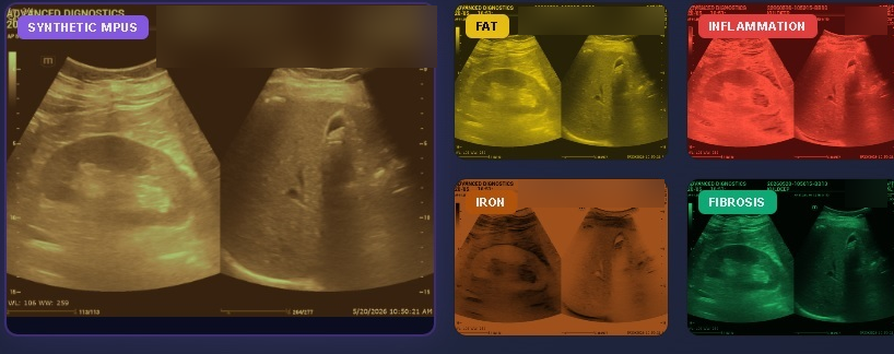Synthetic multiparametric ultrasound output showing composite image and fat, inflammation, iron and fibrosis parametric maps